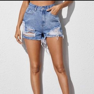 SHEIN High Waist Raw Hem Distressed Denim Shorts